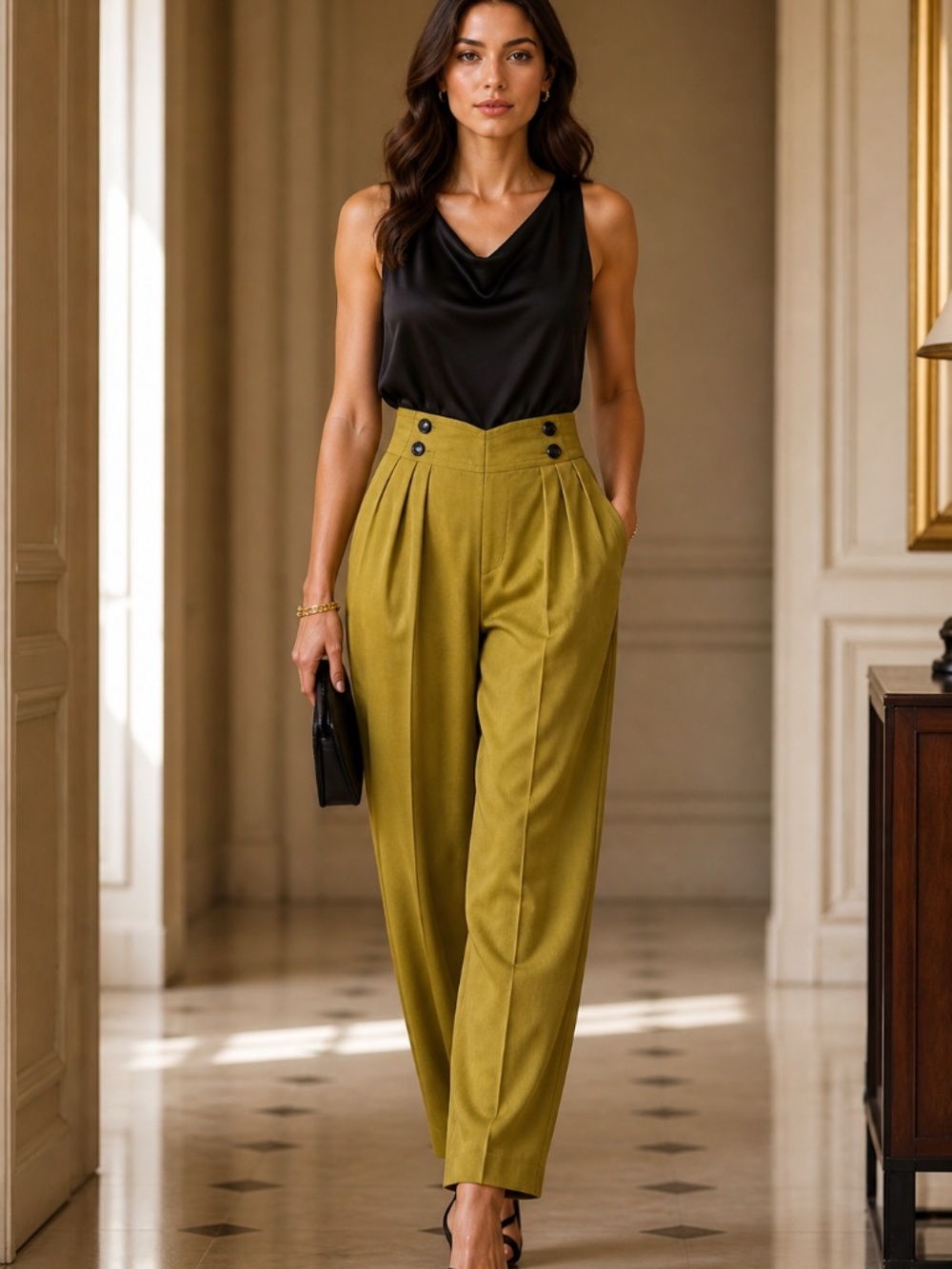 Emanuel Ungaro Olive Green High-Waist Trousers with Black Top